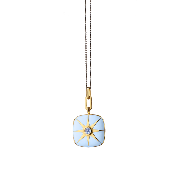 Locket X Color Yellow Gold Vermeil, Blue Enamel and Sapphire Cushion Pendant